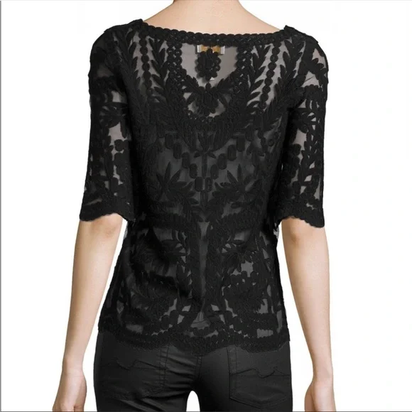 Laundry By Shelli Segal Black Mesh Lace Short Sleeve Top - Picture 2 of 10